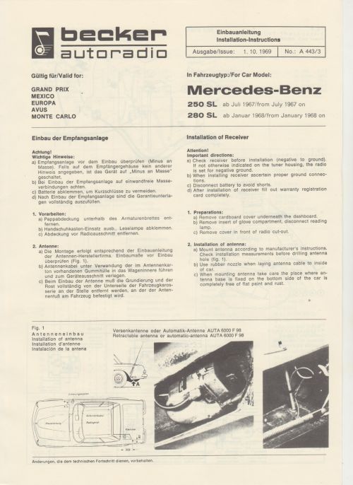 Broschüre Becker Einbauanleitung Pagode 250 SL 280 SL spät